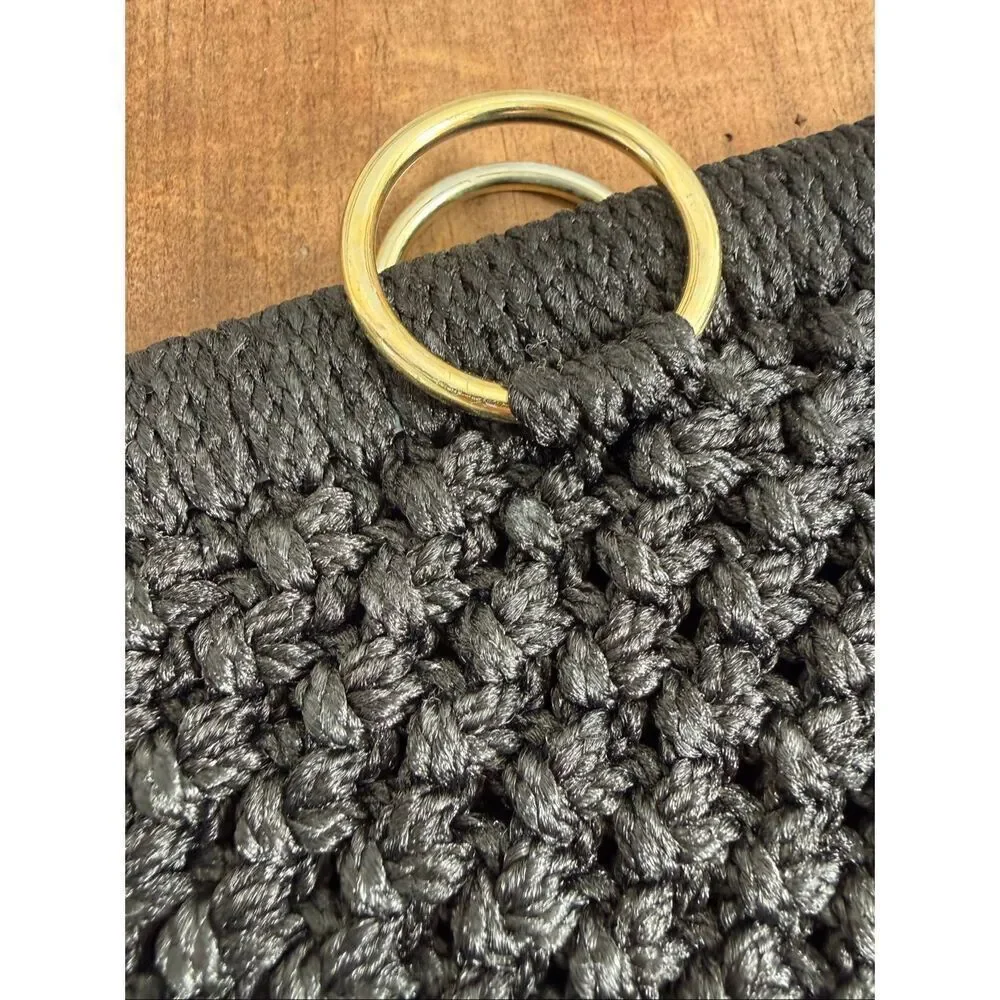 Vintage Black Macrame Clutch Gold Ring 8” x 6”